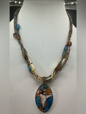 Cg BRAND MIXED MATERIAL BLUE SHELL COPPER GLASS PENDANT BOHO